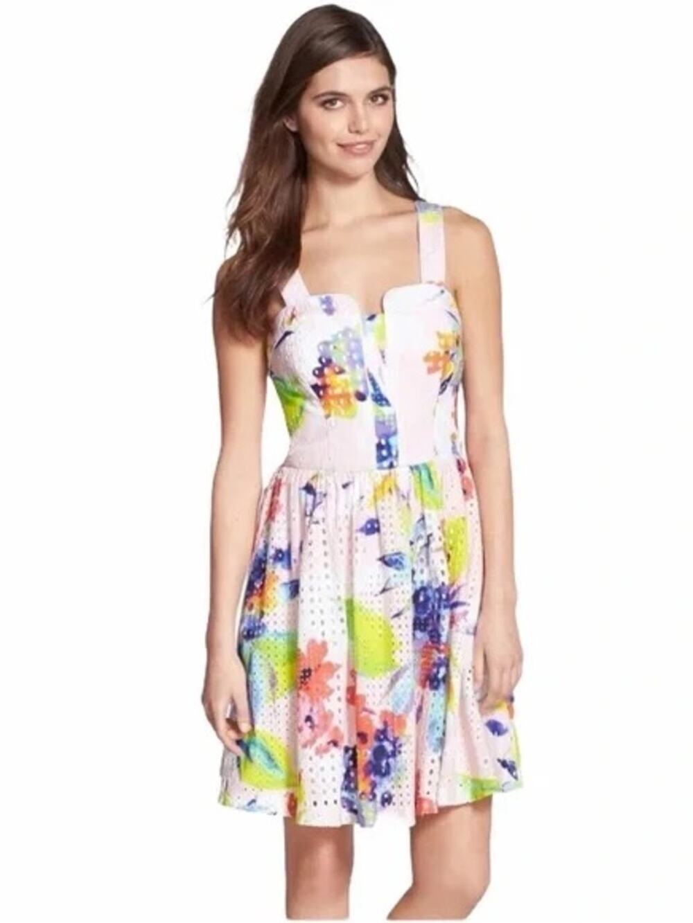 Trina Turk Pink Elin Floral Eyelet watercolor Fit-and-Flare Mini Dress size 4